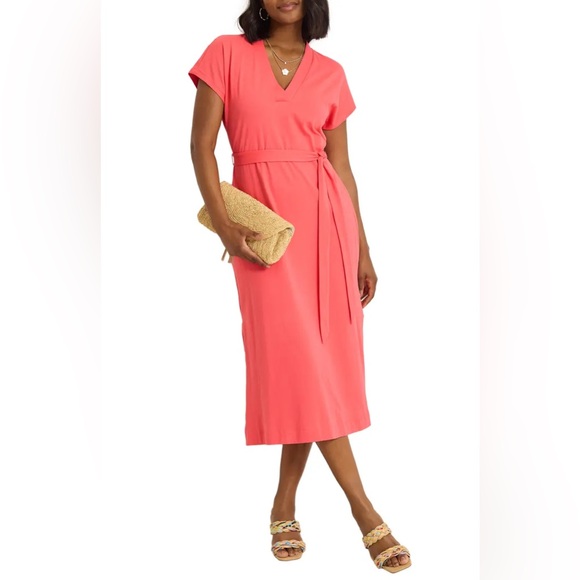 Tommy Bahama Dresses & Skirts - Tommy Bahama Islandscape Jersey Midi Dress NWT Melon Berry V Neck Pockets XS